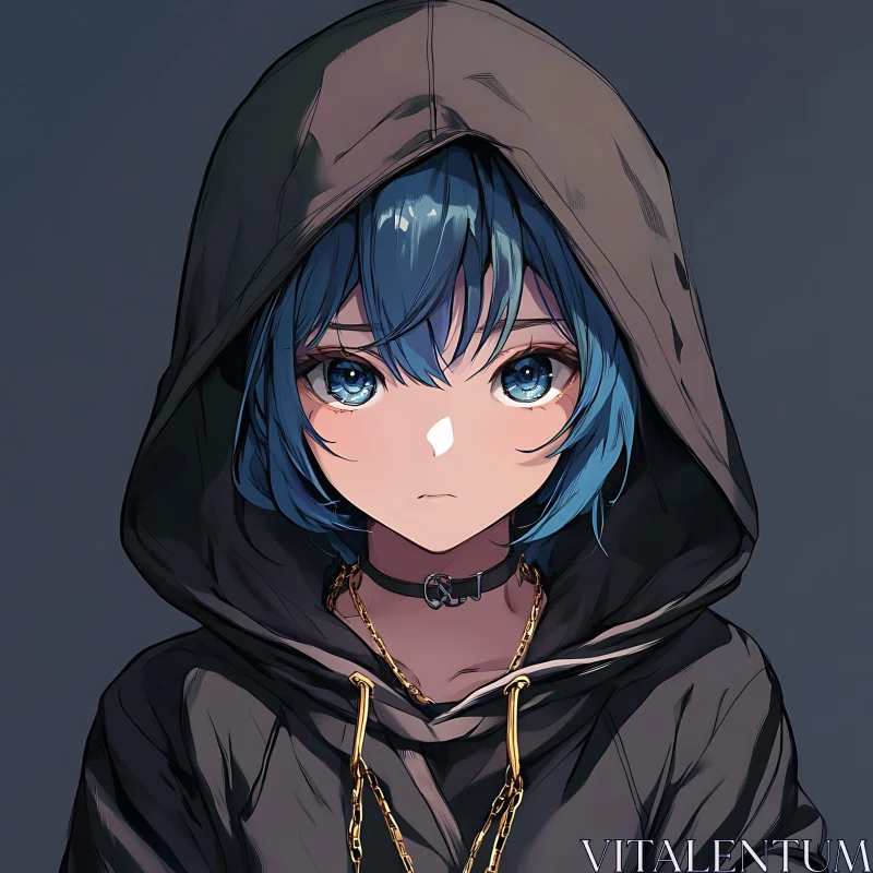 Mysterious Hooded Anime Character with Blue Hair AI Image