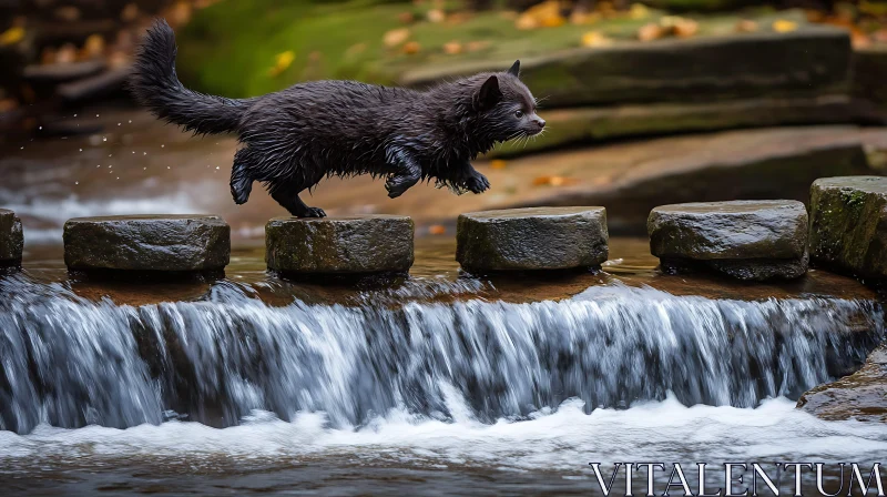 Wet Black Cat Jumping Over Water Stones AI Image