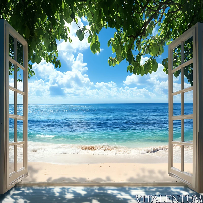 AI ART Seascape Through Window with Green Leaves