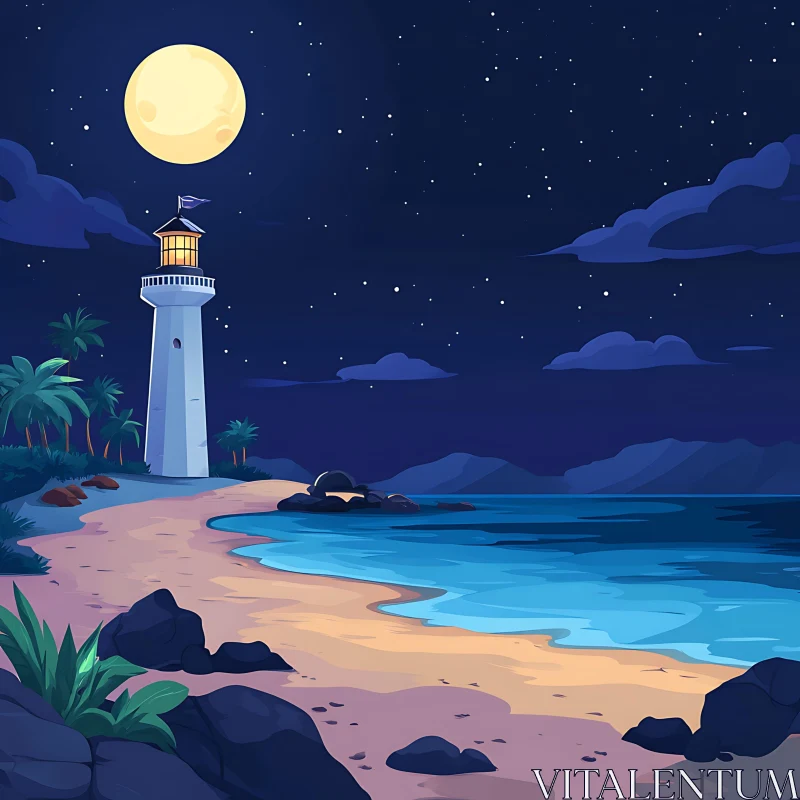 Moonlit Seascape with Lighthouse AI Image