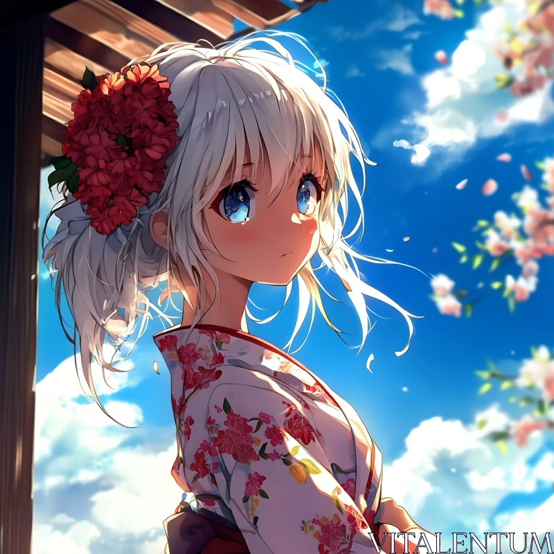 Beautiful Anime Girl with Blossoms AI Image