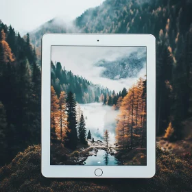 Misty Forest Landscape on Tablet Screen