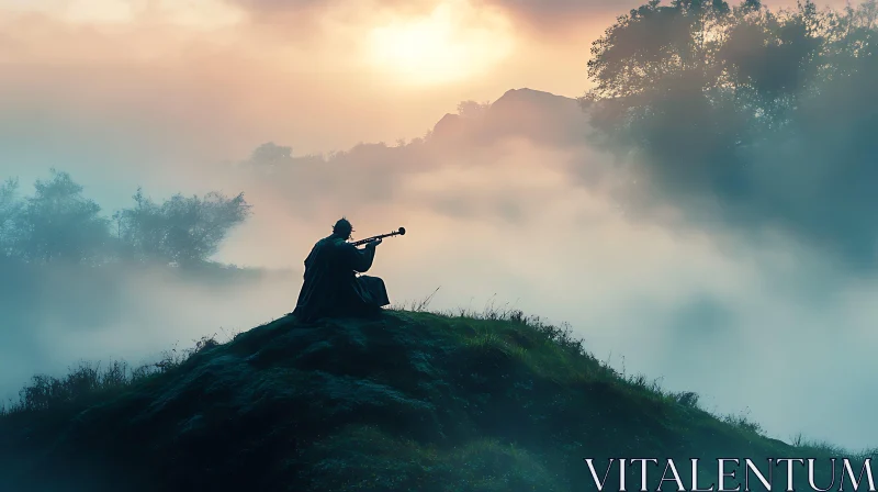 Silhouette Musician in Foggy Landscape AI Image