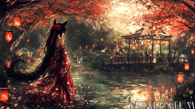 Serene Anime Landscape with Lanterns and Gazebo AI Image