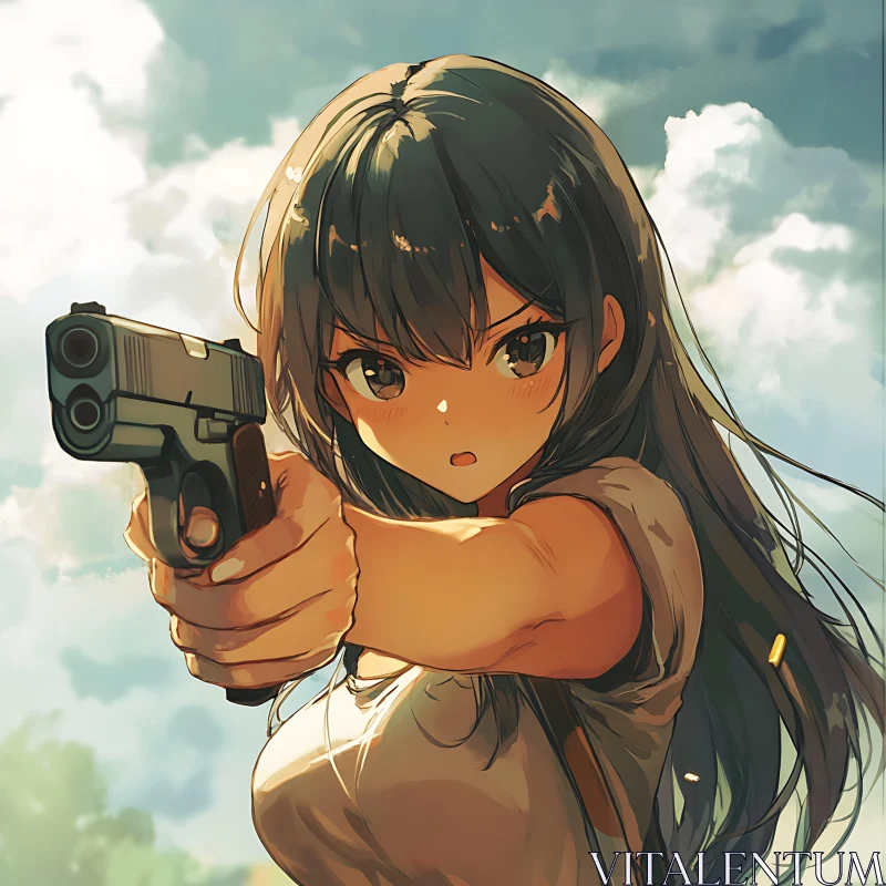 Anime Girl With Handgun in Intense Setting AI Image