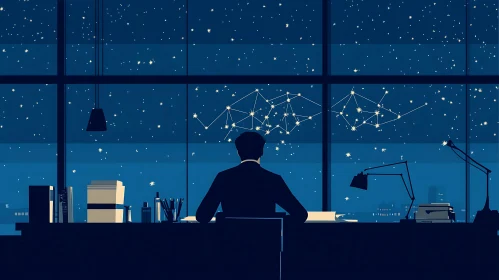Man Gazing at Constellations from Office