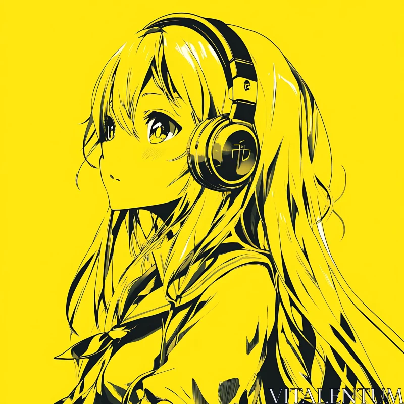 Anime Art: Girl with Headphones on Yellow Background AI Image