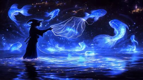 Wizard's Night Fishing: Luminous Fish in Blue Sea