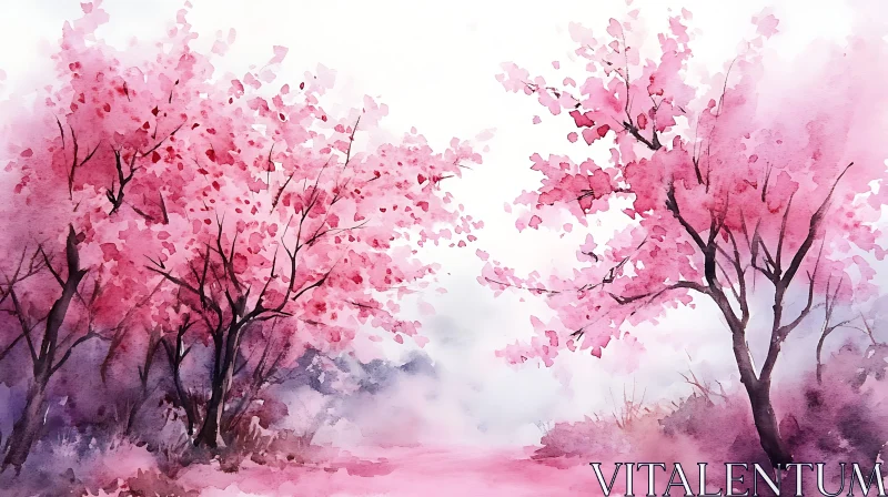 Floral Watercolor Painting with Pink Blossoms AI Image