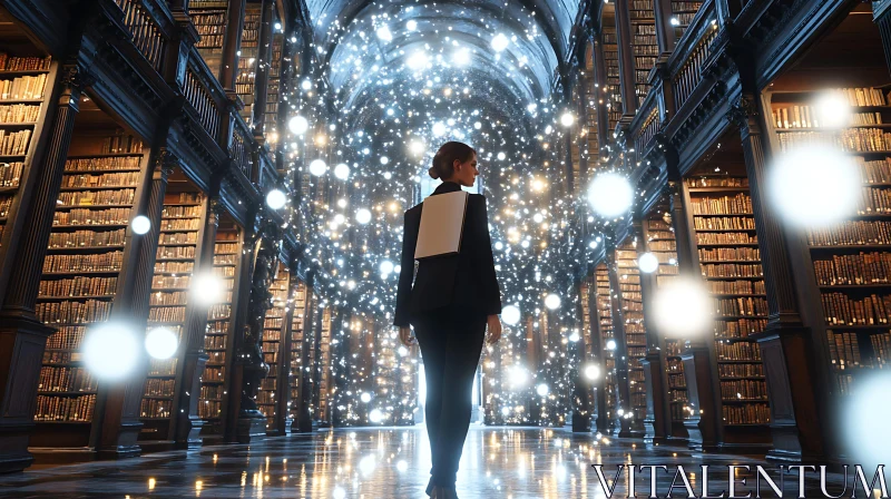 Ethereal Library with Woman and Books AI Image