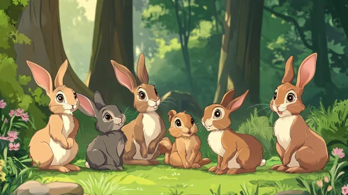 Whimsical Bunny Family in Woodland Scene