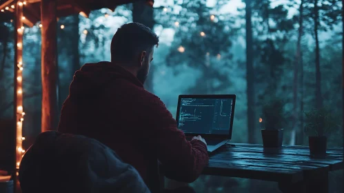 Man Coding on Laptop in Forest