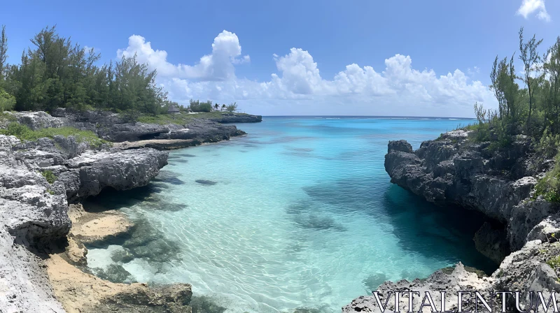 Coastal Serenity: Turquoise Sea and Rocks AI Image