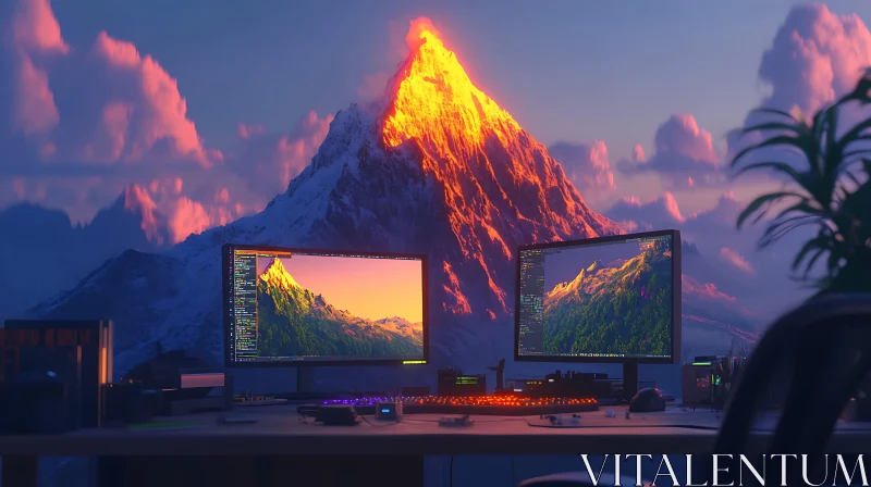 AI ART Dual Screen Mountain Desktop Setup