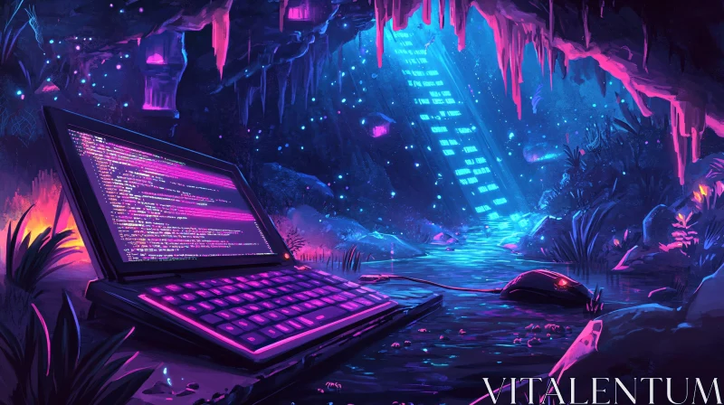 Laptop in Neon Lit Cave AI Image