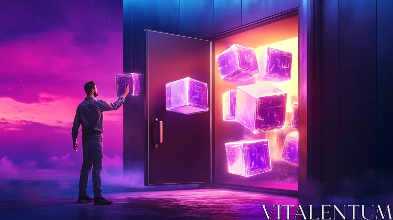 Man Touching Cubes in Abstract Portal AI Image