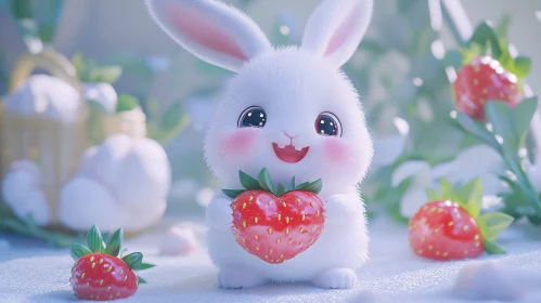 Charming Bunny Holding a Strawberry