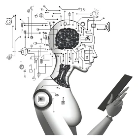 Monochrome AI Humanoid with Digital Brain