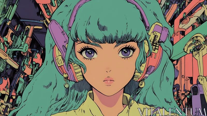 Vibrant Anime Close-Up with Headphones AI Image