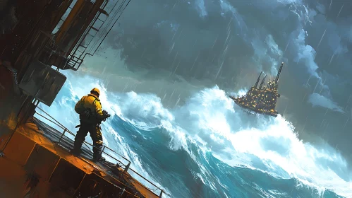 Ocean Storm Illustration with Man on Ship