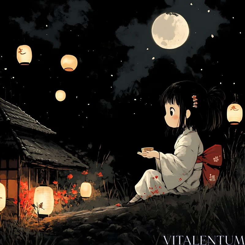 Anime Girl in Kimono Under Moonlight AI Image