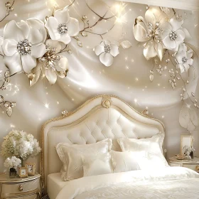 Elegant Bedroom Design with White Flowers and Gold Details