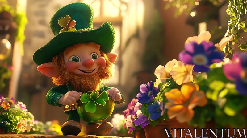 Lucky Leprechaun in a Floral Garden AI Image