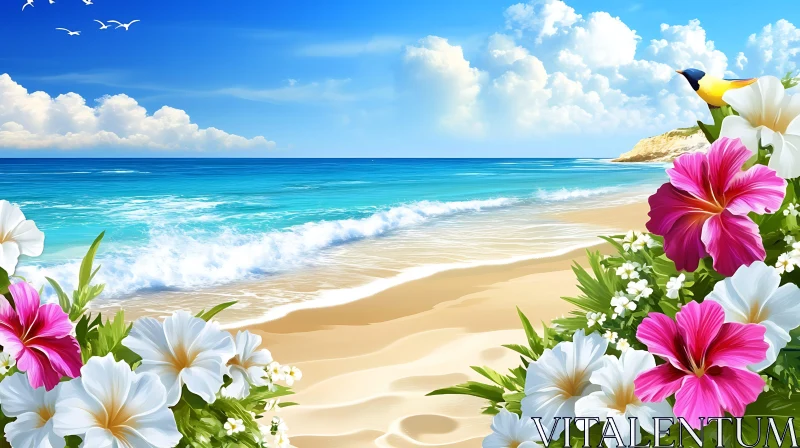 AI ART Seascape with Hibiscus Flowers and Bird