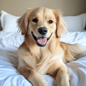 Happy Golden Retriever Resting on White Sheets