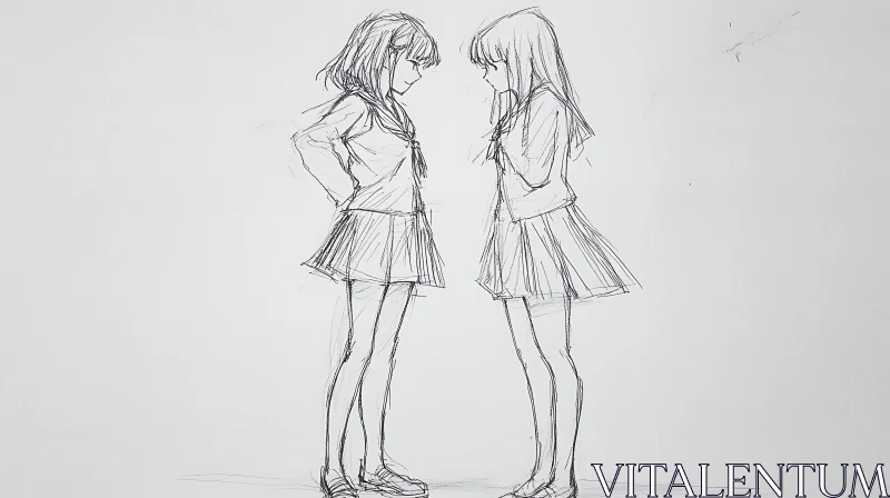 Detailed Drawing of Two Girls Interacting AI Image