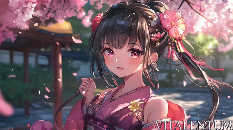 Serene Anime Portrait with Blossoming Background AI Image