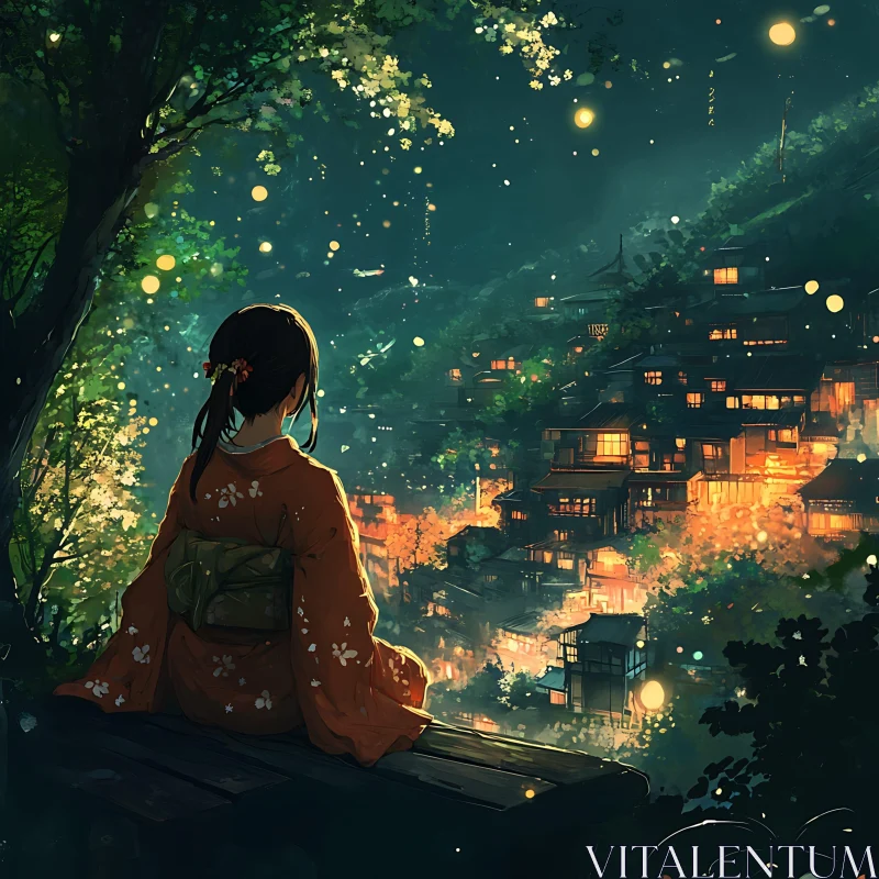 Tranquil Night with Kimono-Clad Woman and Illuminated Village AI Image