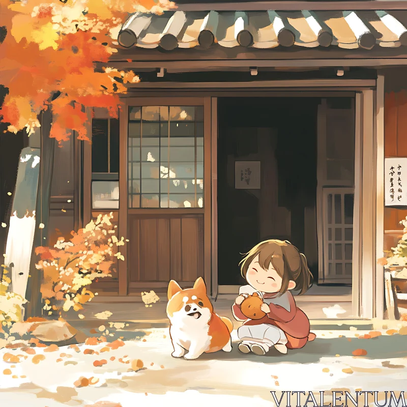 Autumn Child and Dog Scene AI Image