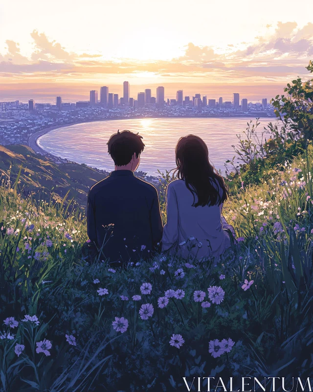 AI ART Couple Watching Sunset Over City