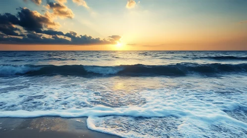 Seascape at Dusk: Waves and Golden Sky