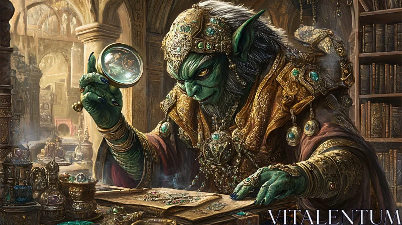 Goblin Scholar with Magnifying Glass AI Image