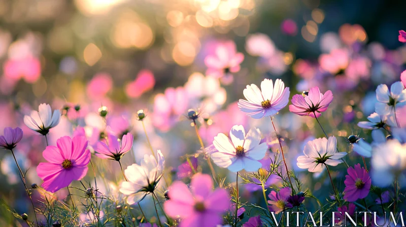 Sunlit Flower Meadow with Pink and White Blooms AI Image