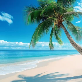 Seascape with Palm Tree on Sandy Beach