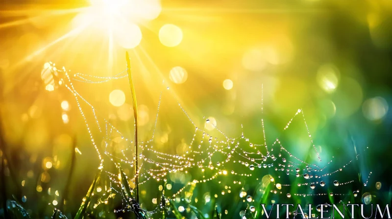 Dew-Kissed Spider Web in Morning Sunlight AI Image