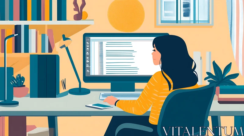 Illustration of Woman Working at Computer AI Image