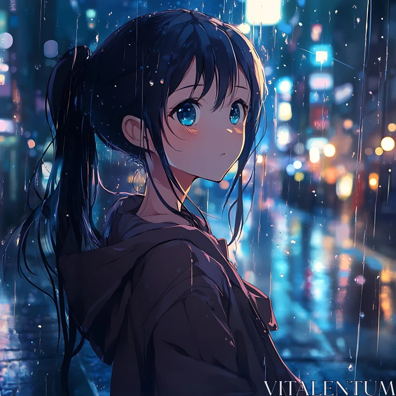 Anime Girl in Neon-Lit Rainy Street AI Image