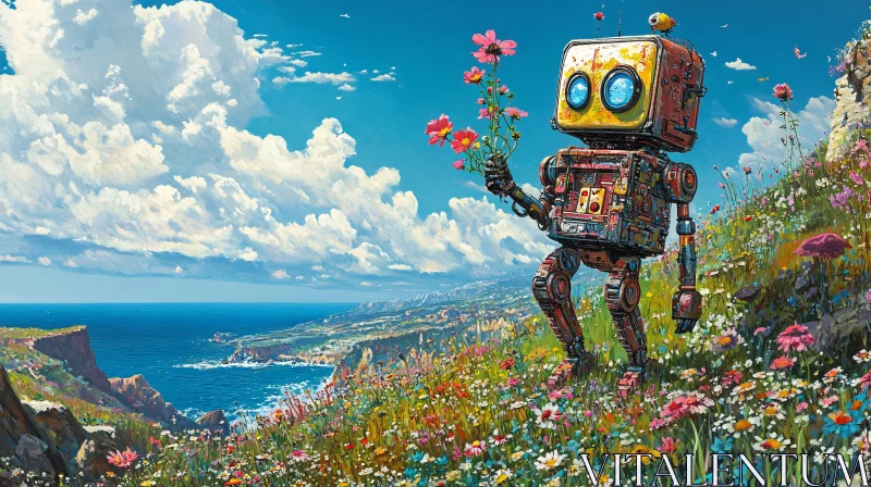 Mechanical Marvel in a Floral Paradise AI Image