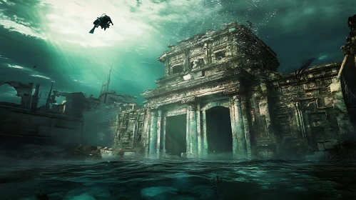 Underwater Ruins and Diver Exploration