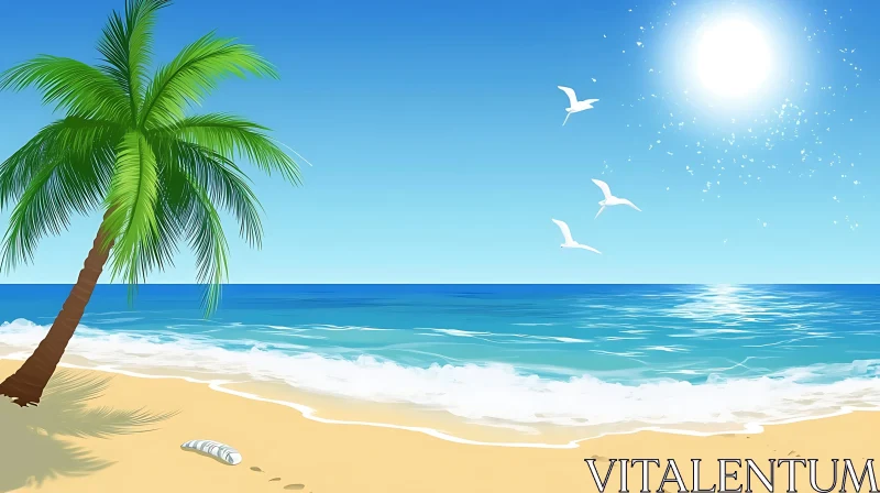 Tropical Beach with Seagulls AI Image