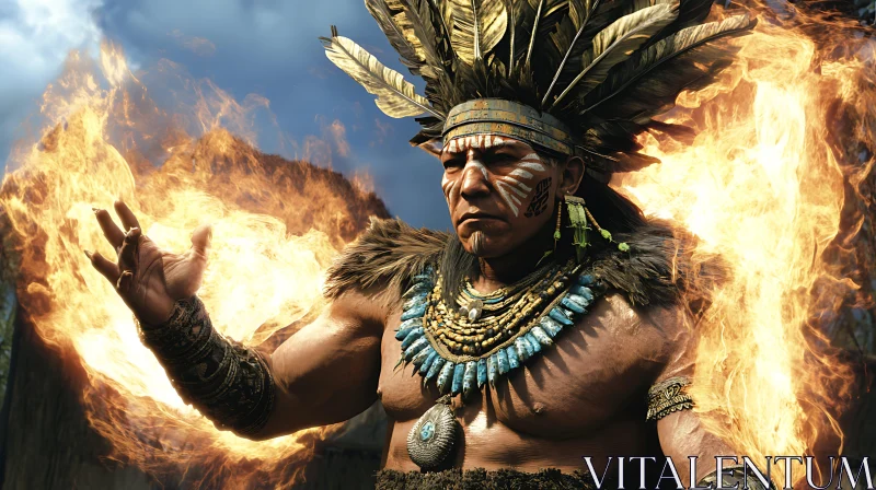 Man in Headdress Surrounded by Flames AI Image