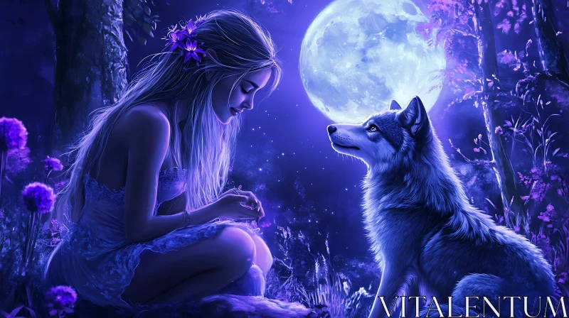 Moonlit Companion: A Woman and Her Wolf AI Image