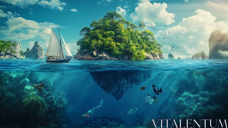 Ocean Island with Sailboat and Underwater Life AI Image