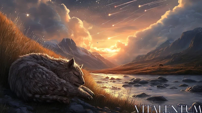 AI ART Resting Wolf by the River at Night