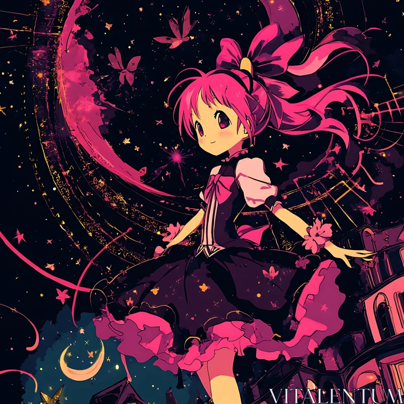 Magical Night: Anime Girl with Pink Hair and Butterflies AI Image