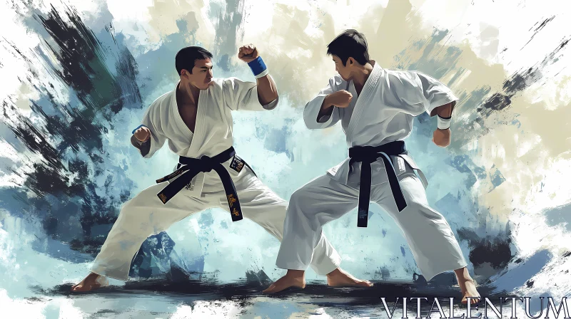 Karate Practitioners in Intense Sparring Session AI Image